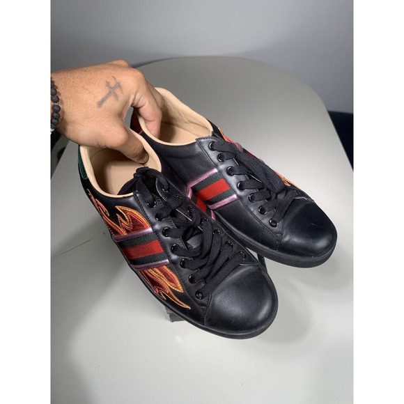 Gucci Ace Embroidered?Sneakers Flame?Black Red Green Orange Men\'s Size 11